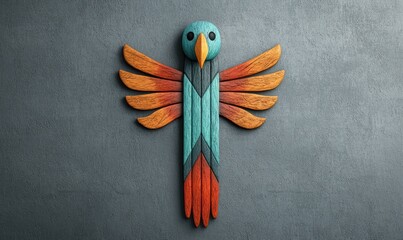 A colorful wooden bird sculpture with intricate designs and vibrant hues, perfect for decoration or artistic inspiration.