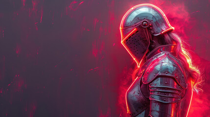 A futuristic knight in glowing neon armor with a helmet and vibrant red lights, creating a striking, sci-fi-inspired visual