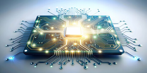 Hovering circuit board with glowing connections on an isolated white background concept as A futuristic circuit board floating mid air with glowing connections extending outward all isolated on a whit