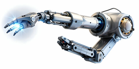 Hovering robotic arm with precision tools on an isolated white background concept as A robotic arm floating mid air equipped with precision tools and glowing interfaces all isolated on a white backgro