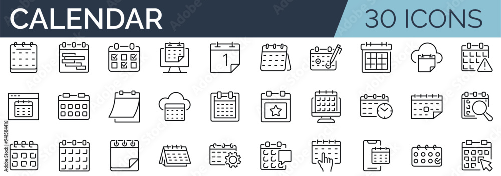 Set of 30 outline icons related to calendar. Linear icon collection ...