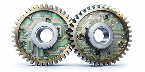 Interconnected gears with digital circuits on an isolated white background concept as Two interconnected gears with embedded digital circuits suspended on an isolated white background. The gears symbo