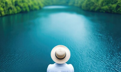 Wall Mural - a serene view of a person overlooking a tranquil river surrounded by lush greenery under a bright sk
