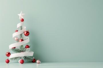 Minimalist Christmas Tree with Red Ornaments and White Ribbon