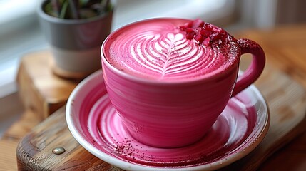 Wall Mural - Vibrant beetroot latte with leaf design, 