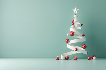 Minimalist Christmas Tree with Red Ornaments and White Ribbon