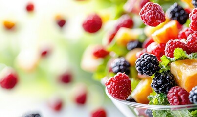 A vibrant bowl of mixed berries and fruit, showcasing fresh flavors and colors, ideal for healthy eating and summer recipes.