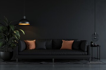 Wall Mural - Blank empty dark room interior with black sofa and accessories decor- 3D rendering