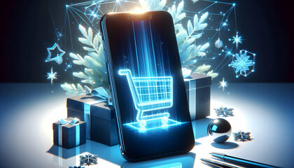 Wall Mural - Smartphone with Holographic Shopping Cart concept as Vertical shot of a smartphone on a white surface with a glowing holographic shopping cart floating above the screen offering a modern Black Friday 