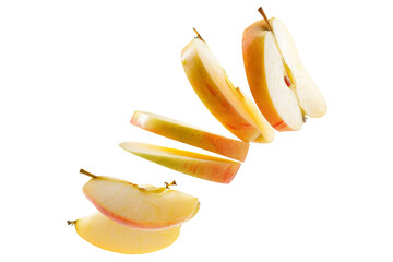 Poster - Close up natural fresh apple slices falling in air isolated on white or transparent background