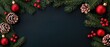 © Autaporn - Festive holiday frame featuring pine branches, red ornaments, and pinecones on a dark background, perfect for seasonal greetings.
