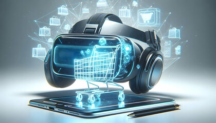 Wall Mural - VR Headset with Holographic Shopping Cart concept as Vertical shot of a VR headset on a white background with a glowing holographic shopping cart floating in front of it creating an immersive Black Fr