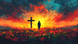 © Thiago - A surreal painting depicting a person's silhouette near a cross in a vibrant, flower-filled field under a fiery sunset. Surreal. Illustration