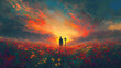 © Thiago - A surreal painting depicting a person's silhouette near a cross in a vibrant, flower-filled field under a fiery sunset. Surreal. Illustration