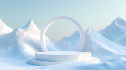 Wall Mural - abstract winter scene with geometrical forms, arch with a podium in natural light. surreal backgroun