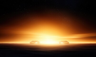 Serene sunset illuminating two vehicles, casting an ethereal glow across the landscape, evoking tranquility and adventure.