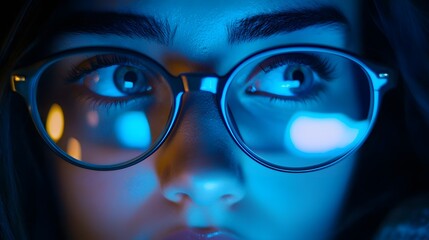 Close-up of a young woman in glasses, illuminated by a blue-toned light.