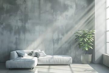 Wall Mural - Modern interior design of a living room in an apartment, house, office, bright modern interior details and sun rays from the window against the background of concrete walls.