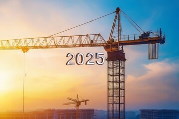 A silhouette of an engineer and a construction worker creating a lifting crane on the background of a blue sky.