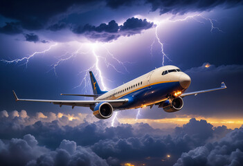 night sky pierced by lightning, flying plane, mesmerizing, magical sight