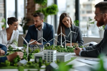 Poster - Business professionals discuss renewable energy projects with scale models in a contemporary office. Conceptual wind turbines and green urban planning likely highlight sustainability initiatives.