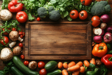 A wooden cutting board with a variety of vegetables on it