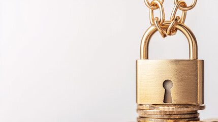 A golden padlock hangs above stack of coins, symbolizing security and financial protection. image conveys sense of safety and trust in monetary matters.