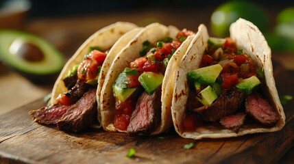 Colorful steak tacos, juicy meat with salsa and avocado on soft tortillas, 3D illustration