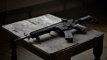 Wall Mural - Assault rifle on a wooden table in a dimly lit room