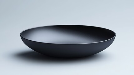 A black bowl with a white rim sits on a white background