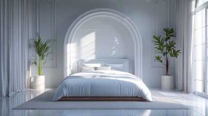 Wall Mural - Bedroom with arches in a simple and minimalist style. This scene looks incredibly realistic with soft colors and soft lighting that create a warm and inviting atmosphere.