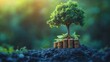 © 69 Timeless  Studio  - Financial growth and eco investment concept with a tree growing on stacked coins, illustrating sustainable money-saving practices