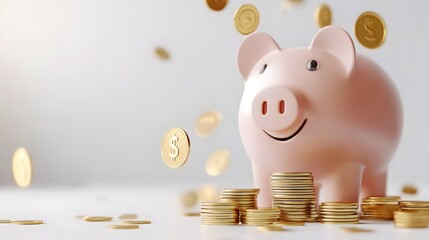  Golden coins falling into a pink piggy bank with a stack of money, promoting online financial services on a clean white background. Banner for investment and savings concepts