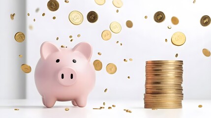  Golden coins falling into a pink piggy bank with a stack of money, promoting online financial services on a clean white background. Banner for investment and savings concepts