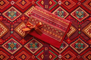 Crimson Tapestry: Intricate crimson background, gift card woven into a vibrant tapestry, traditional and artistic.