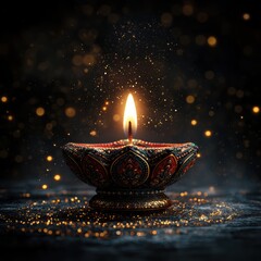 A close-up shot of an intricately patterned Diya lamp, casting a warm glow in the dark, symbolizing the light and spiritual essence of Diwali.