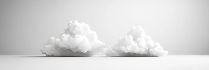 Two white fluffy clouds sit on a white background, symbolizing simplicity, purity, dreams, peace, and hope.