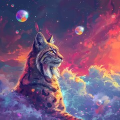 A beautiful digital painting of a lynx sitting on a cloud, with a colorful, starry night sky in the background.