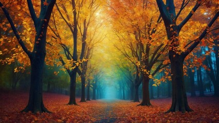 Autumn path with misty forest trees landscape background