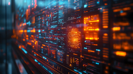 Abstract 3D Digital Data Interface Background with Blue and Orange Glowing Lines