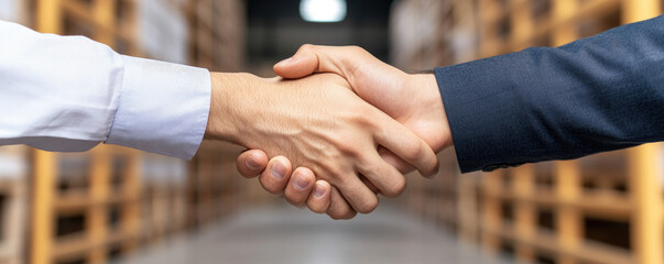 Business partnership agreement, two professionals engaging in a handshake, conveying trust and collaboration in a warehouse setting filled with shelves.