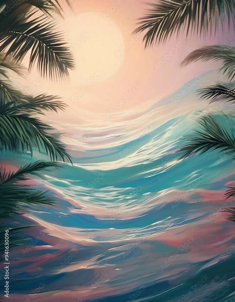 Tropical background with palm leaves and waves. Summer relax holiday ...