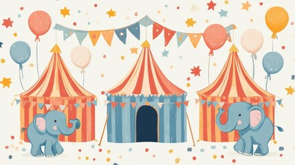 A charming illustration featuring three colorful circus tents adorned with striped patterns and whimsical details. Playful elephants with pink ears and tails stand in front of each tent, while colorfu