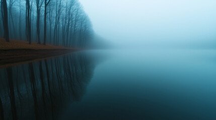 Wall Mural - halloween fog-covered lake with dark still water gnarled trees and eerie misty ambiance