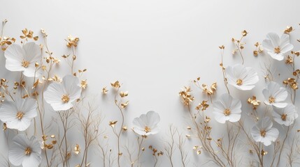 Wall Mural - An elegant floral decoration featuring white flowers and gold accents on a light background, creating a luxurious and refined aesthetic.