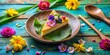 © Arethaawykoff - Vibrant pastel colors and whimsical styling with scattered edible flowers and wooden utensils around a single slice of Kanom Mor Kaeng on distressed wooden table