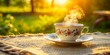© Arethaawykoff - Soft focus and creamy bokeh on vintage china plate with single Kanom Mor Kaeng and steaming hot coffee cup amidst warm morning sunlight and lace tablecloth