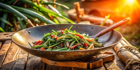 Rustic morning glory stir-fry in worn wooden wok, warm afternoon sunlight, shallow depth, earthy tones, soft focus, traditional Thai countryside cooking, rural simplicity.