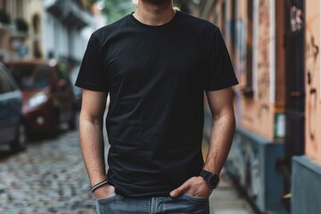 Sticker - A person standing on a city street, wearing a black shirt