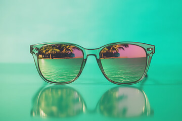 Wall Mural - A pair of sunglasses reflecting a tropical beach scene with palm trees and water.